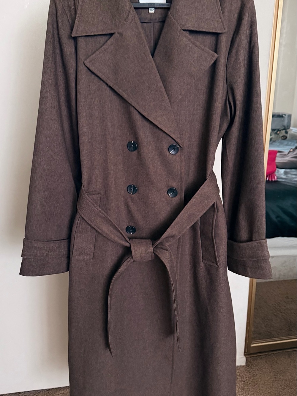 Women's Double-Breasted Brown Trench Coat with Self-Tie Belt